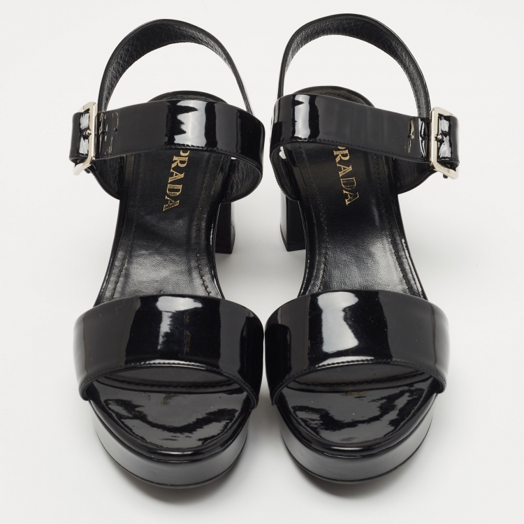 Pre Owned Prada Black Patent Ankle Strap Platform Sandals Size 38.5