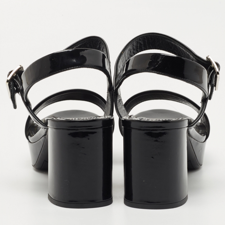 Pre Owned Prada Black Patent Ankle Strap Platform Sandals Size 38.5