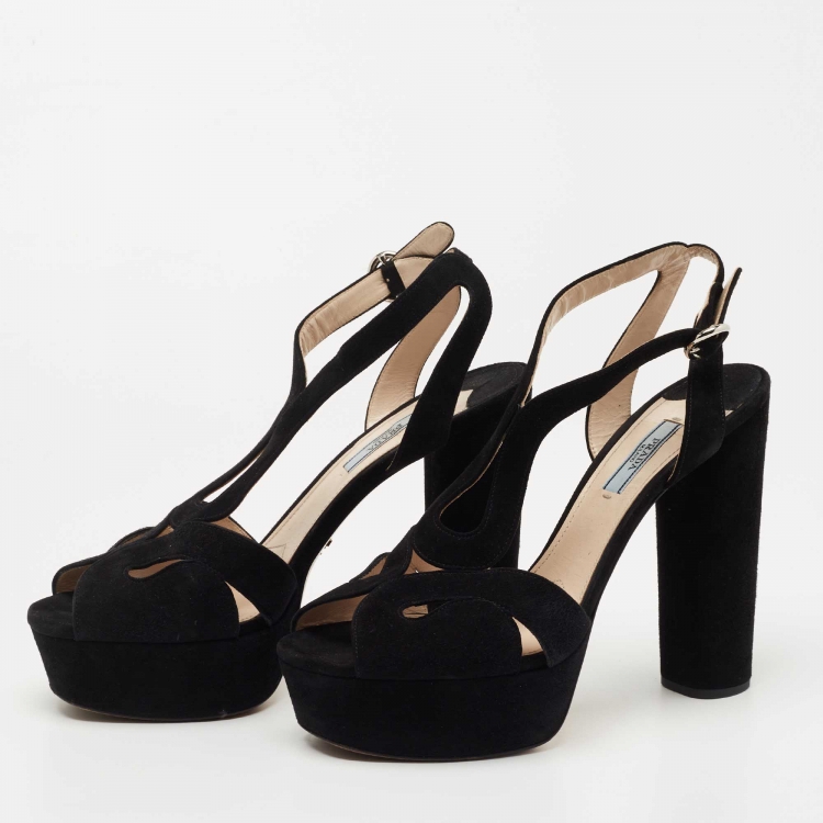 Pre Owned Prada Black Suede Block Heel Ankle Strap Sandals Size 41 