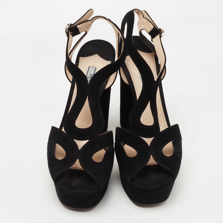 Pre Owned Prada Black Suede Block Heel Ankle Strap Sandals Size 41 