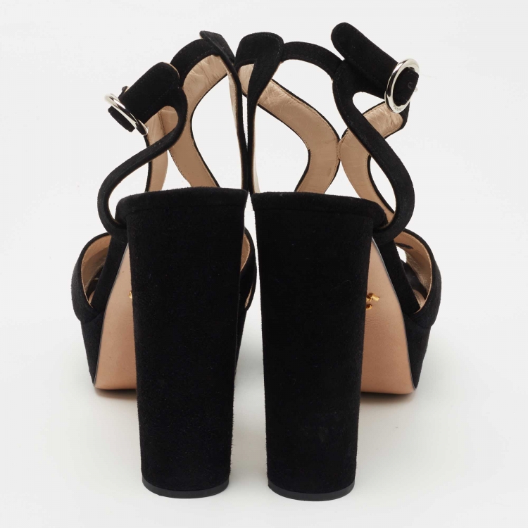 Pre Owned Prada Black Suede Block Heel Ankle Strap Sandals Size 41 