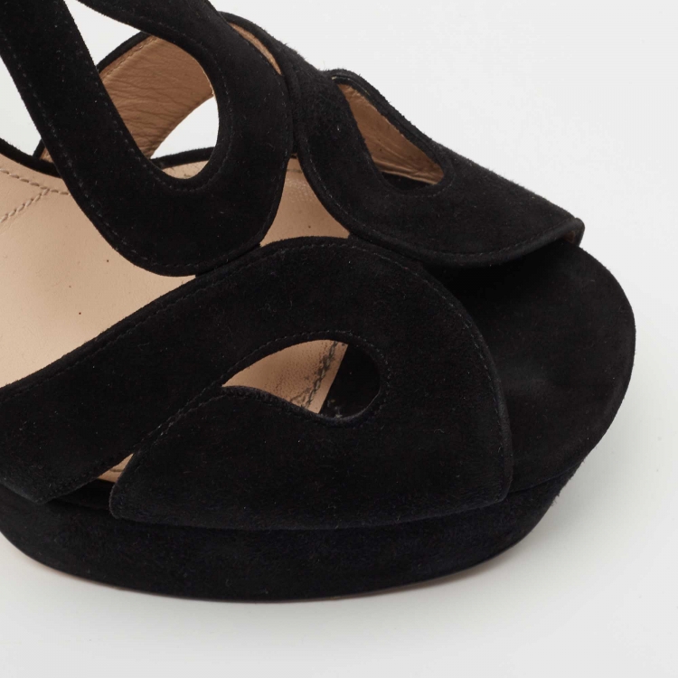 Pre Owned Prada Black Suede Block Heel Ankle Strap Sandals Size 41 