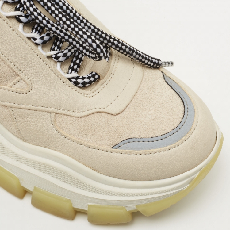 Pre Owned Prada Beige Suede and Leather Lace Up Low Top Sneakers Size 36