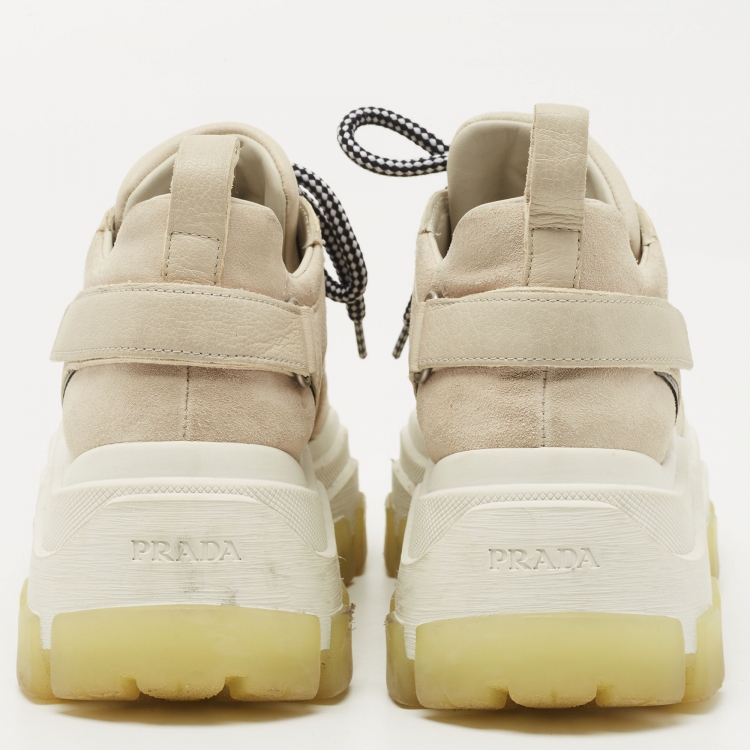 Pre Owned Prada Beige Suede and Leather Lace Up Low Top Sneakers Size 36