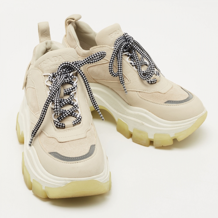 Pre Owned Prada Beige Suede and Leather Lace Up Low Top Sneakers Size 36