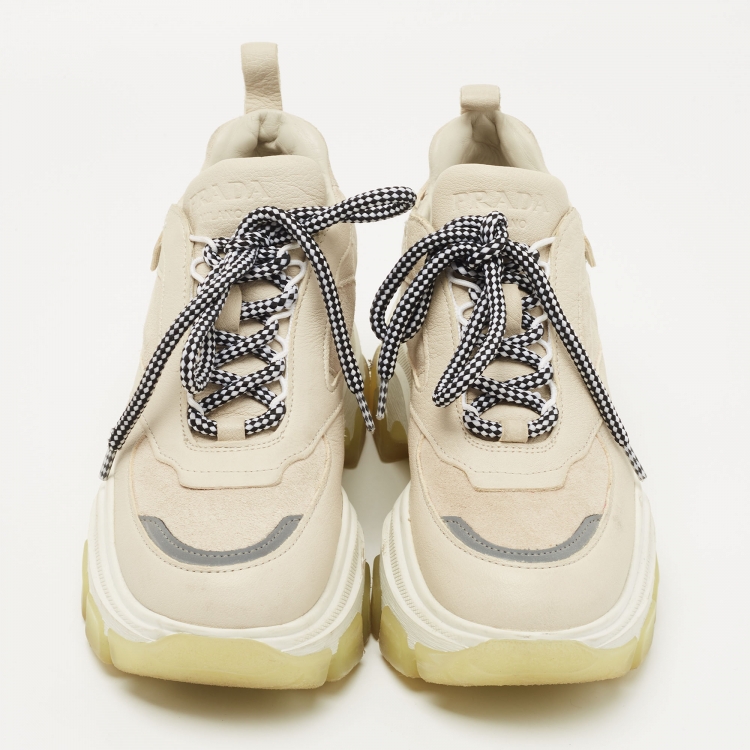 Pre Owned Prada Beige Suede and Leather Lace Up Low Top Sneakers Size 36