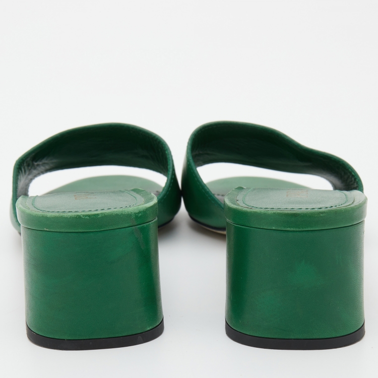 Pre Owned Prada Green Leather Triangle Logo Open Toe Slide Sandals Size 39