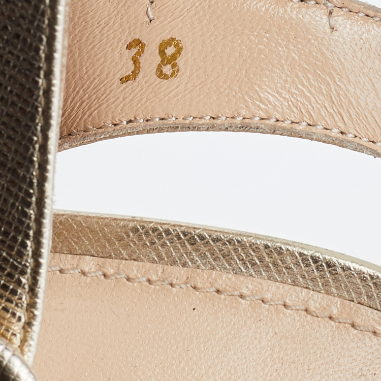 Pre Owned Prada Gold Leather Platform Block Heel Ankle Strap Sandals Size 38