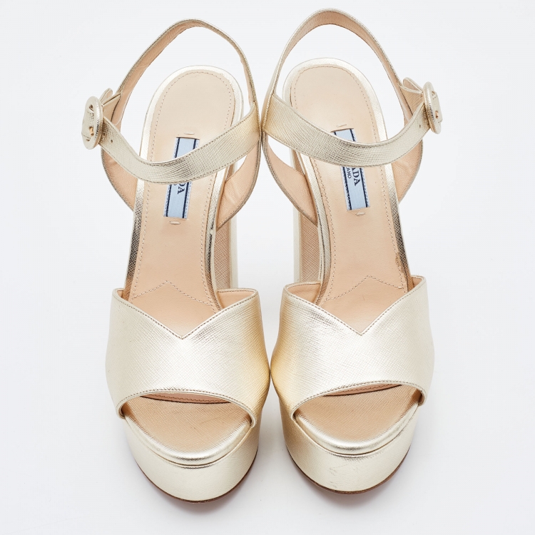 Pre Owned Prada Gold Leather Platform Block Heel Ankle Strap Sandals Size 38