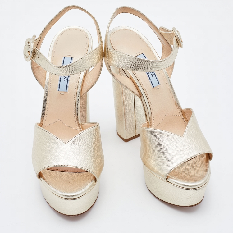 Pre Owned Prada Gold Leather Platform Block Heel Ankle Strap Sandals Size 38