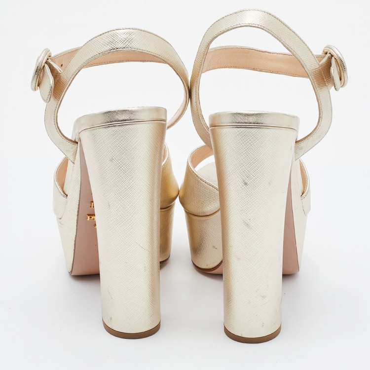 Pre Owned Prada Gold Leather Platform Block Heel Ankle Strap Sandals Size 38