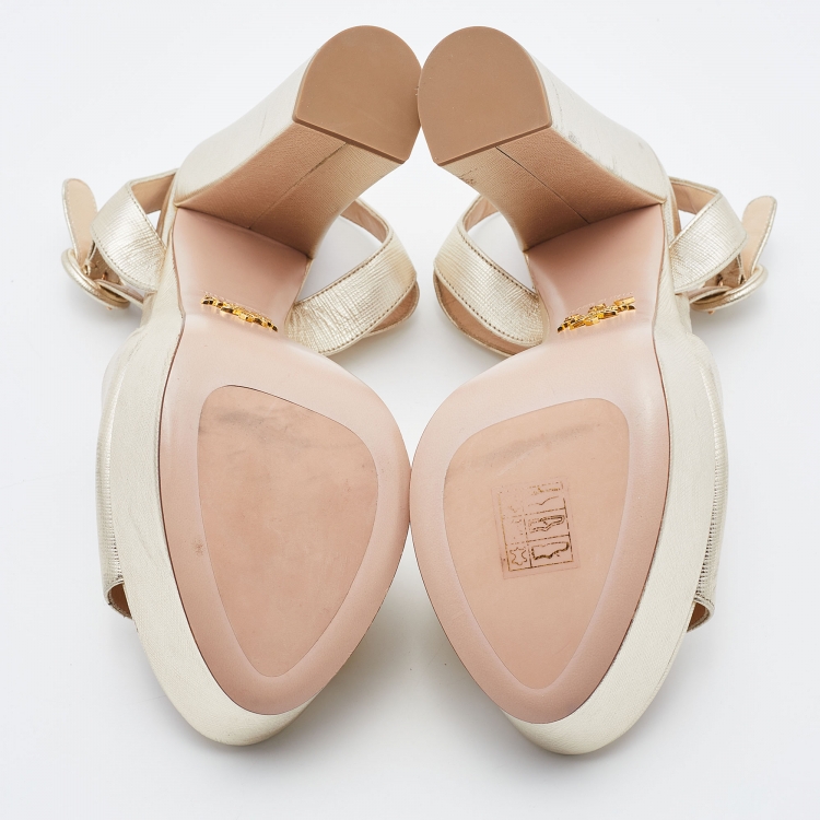 Pre Owned Prada Gold Leather Platform Block Heel Ankle Strap Sandals Size 38