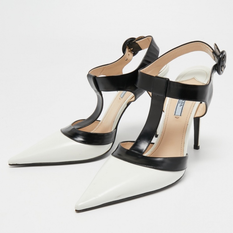 Pre Owned Prada White/Black Leather T-Strap Pumps Size 41