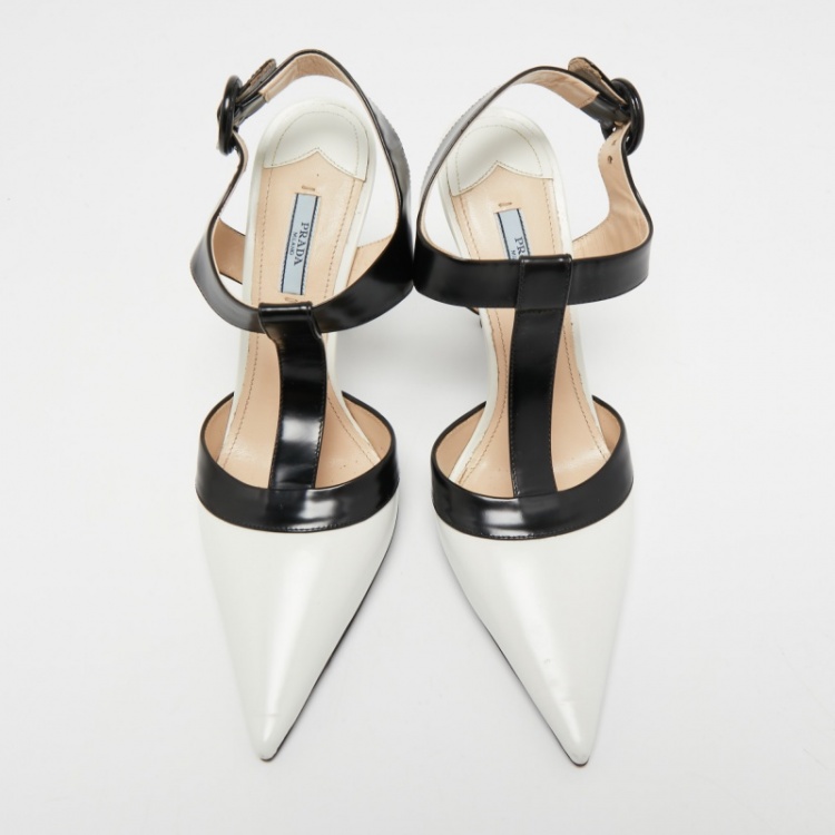 Pre Owned Prada White/Black Leather T-Strap Pumps Size 41