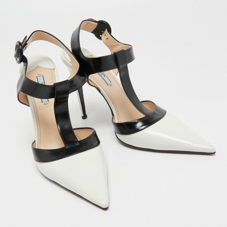 Pre Owned Prada White/Black Leather T-Strap Pumps Size 41