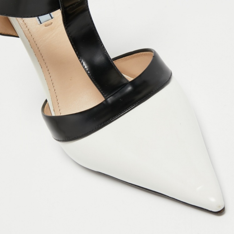 Pre Owned Prada White/Black Leather T-Strap Pumps Size 41