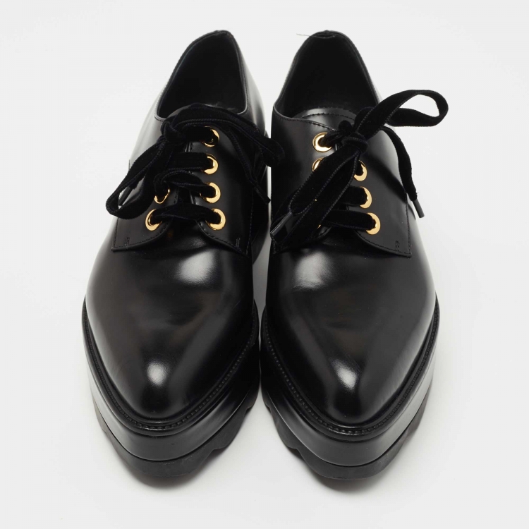 Pre Owned Prada Black Leather Lace Up Wedge Derby Sneakers Size 37.5  