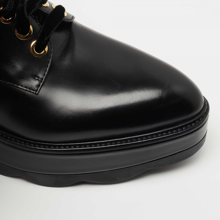 Pre Owned Prada Black Leather Lace Up Wedge Derby Sneakers Size 37.5  