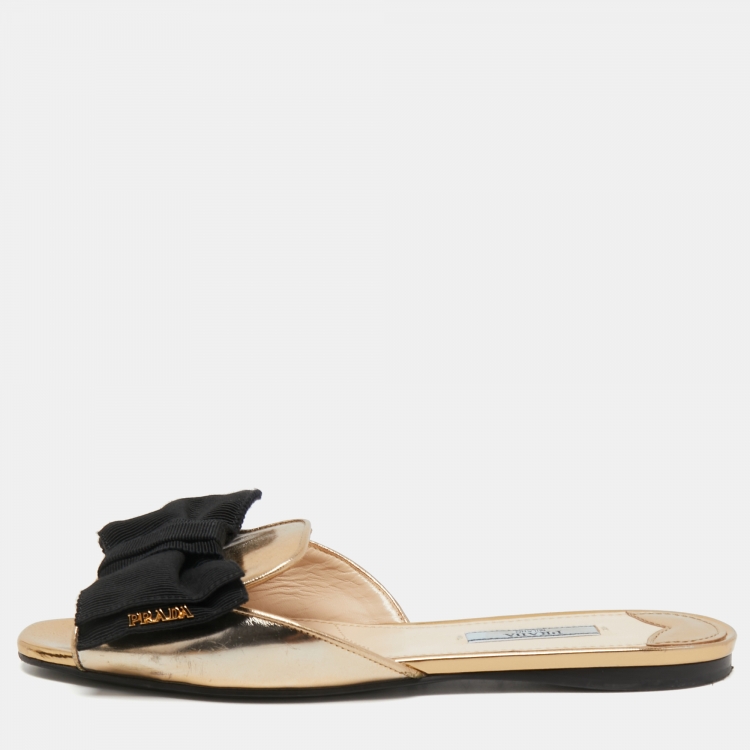 Pre Owned Prada Gold Leather Bow Slide Flats Size 37.5