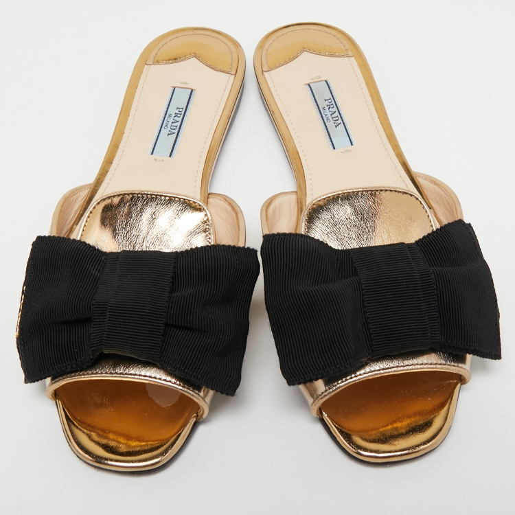 Pre Owned Prada Gold Leather Bow Slide Flats Size 37.5