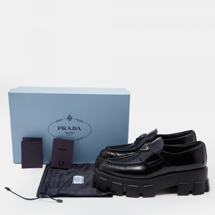 Pre Owned Prada Black Leather Monolith Platform Loafers Size 36.5