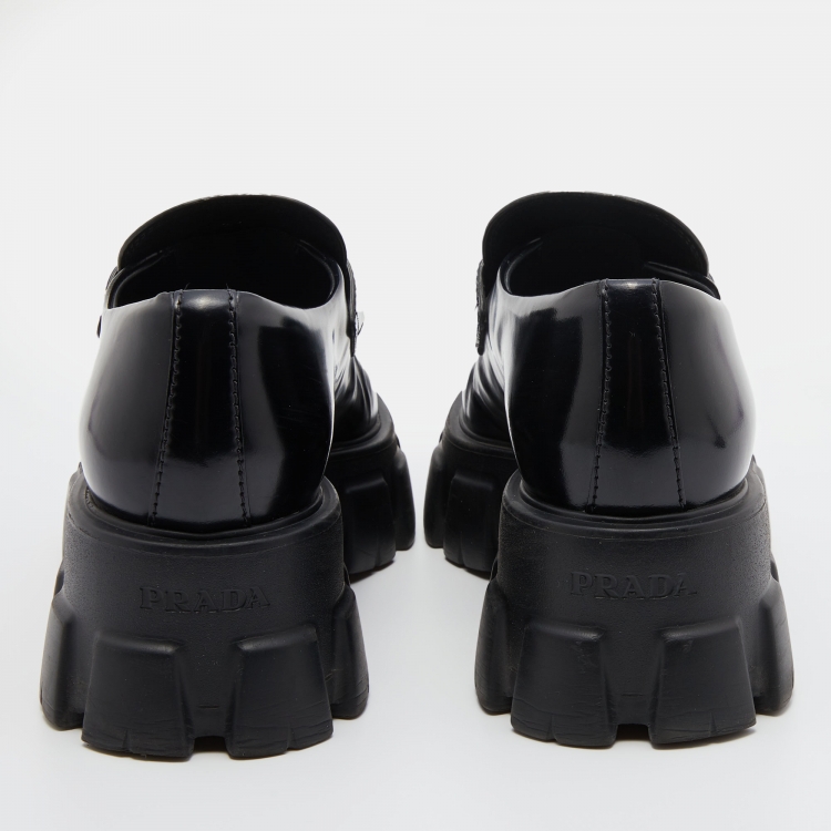 Pre Owned Prada Black Leather Monolith Platform Loafers Size 36.5