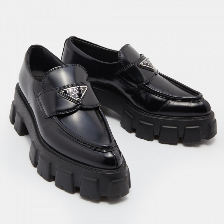 Pre Owned Prada Black Leather Monolith Platform Loafers Size 36.5