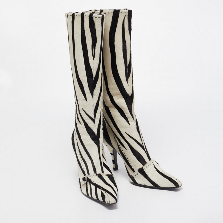 Pre Owned Prada Black/White Calf hair Zebra Printed Knee Length Boots Size 41