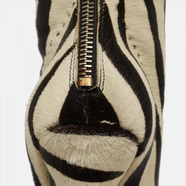 Pre Owned Prada Black/White Calf hair Zebra Printed Knee Length Boots Size 41