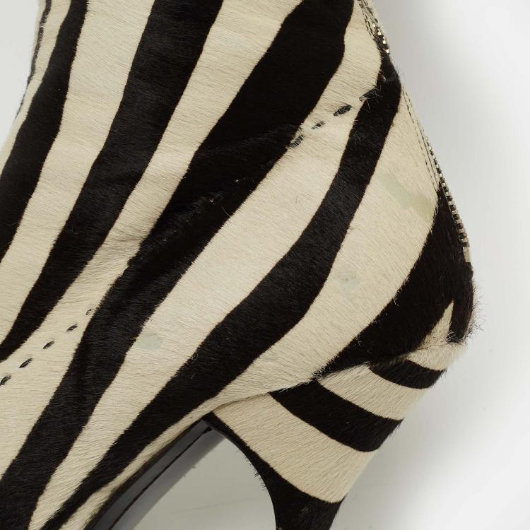 Pre Owned Prada Black/White Calf hair Zebra Printed Knee Length Boots Size 41