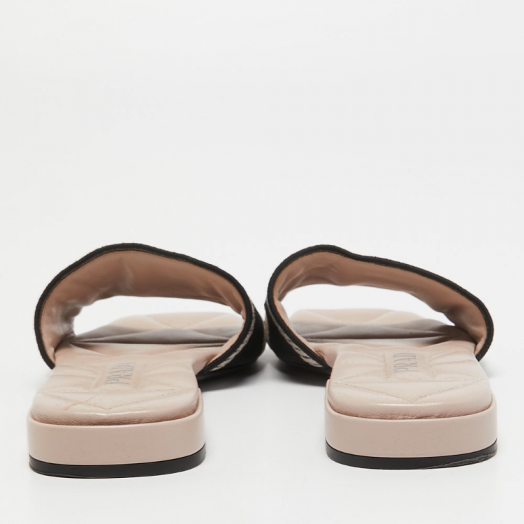 Pre Owned Prada Beige/Black Logo Print Canvas Flat Slides Size 38.5
