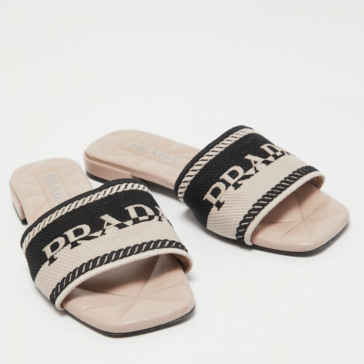 Pre Owned Prada Beige/Black Logo Print Canvas Flat Slides Size 38.5