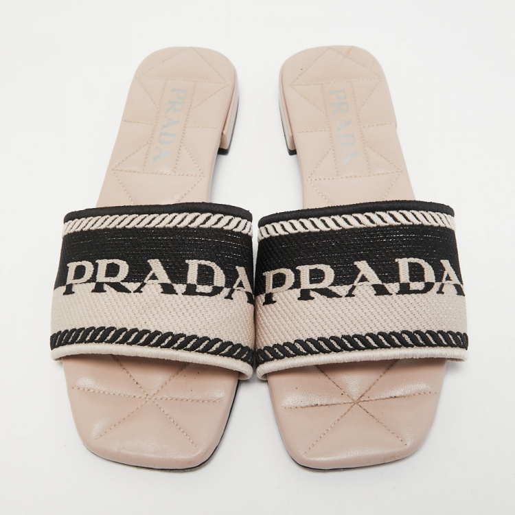 Pre Owned Prada Beige/Black Logo Print Canvas Flat Slides Size 38.5