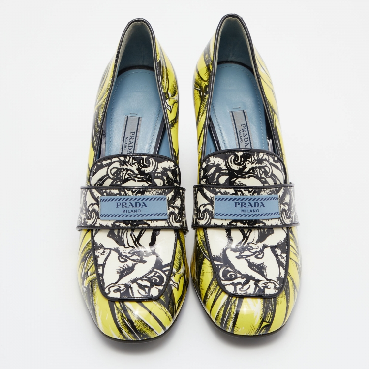 Pre Owned Prada Multicolor Print Patent Leather Block Heel Loafer Pumps Size 38