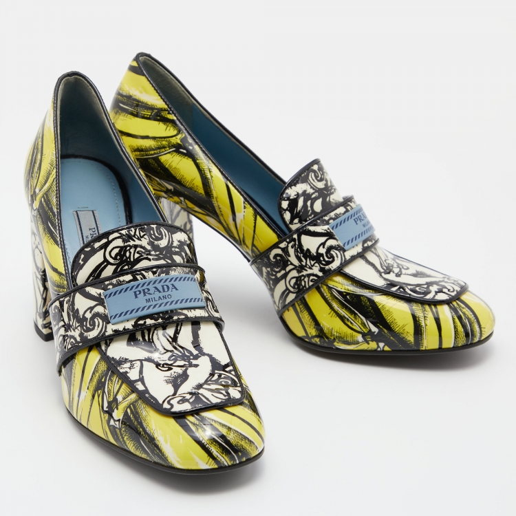 Pre Owned Prada Multicolor Print Patent Leather Block Heel Loafer Pumps Size 38