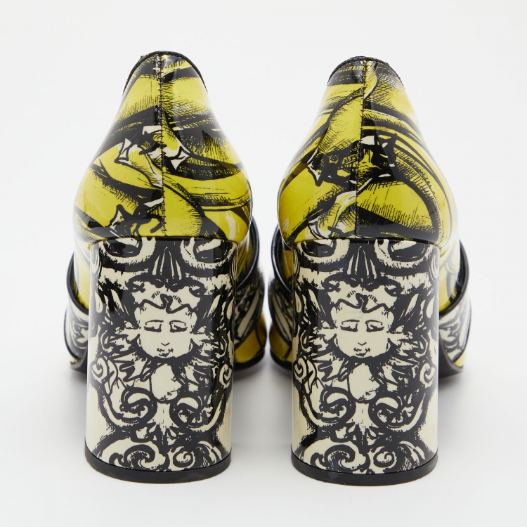 Pre Owned Prada Multicolor Print Patent Leather Block Heel Loafer Pumps Size 38