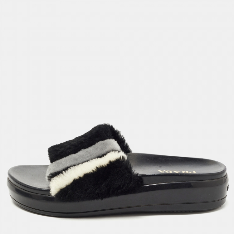 Prada Black/White Leather and Fur Flat Slides Size 38.5 Prada The