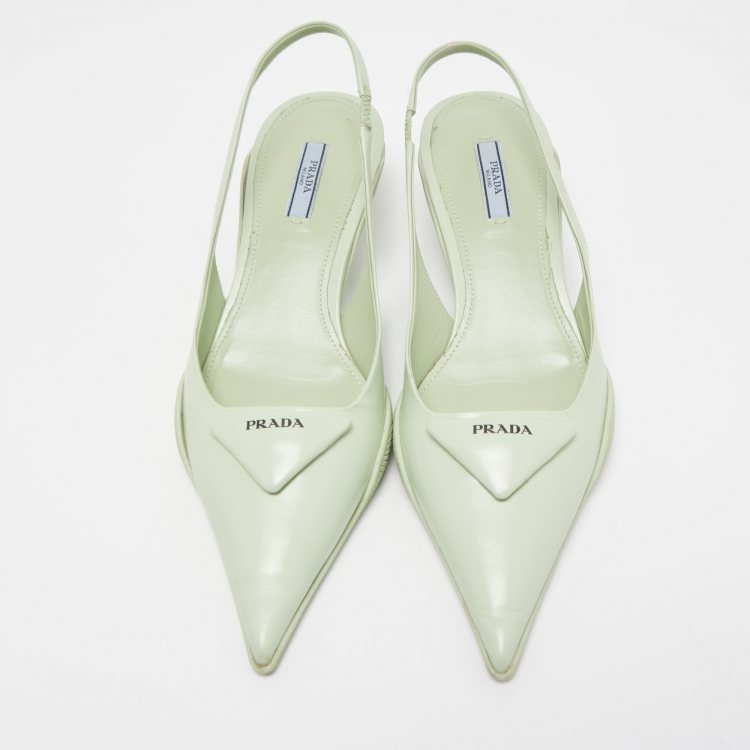 Pre Owned Prada Green Leather Pointed Toe Slingback Pumps 39.5