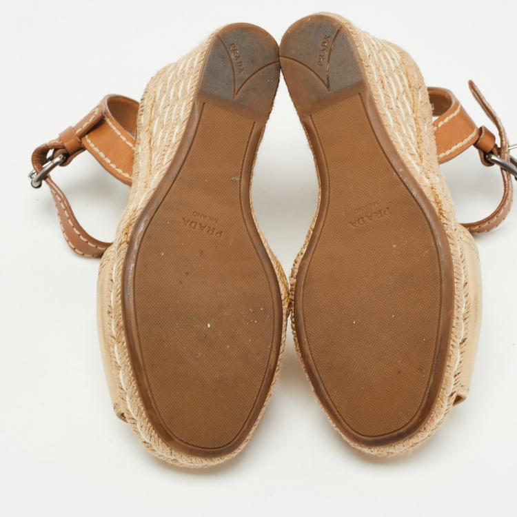 Pre Owned Prada Gold/Brown Leather Espadrille Wedge Sandals Size 36