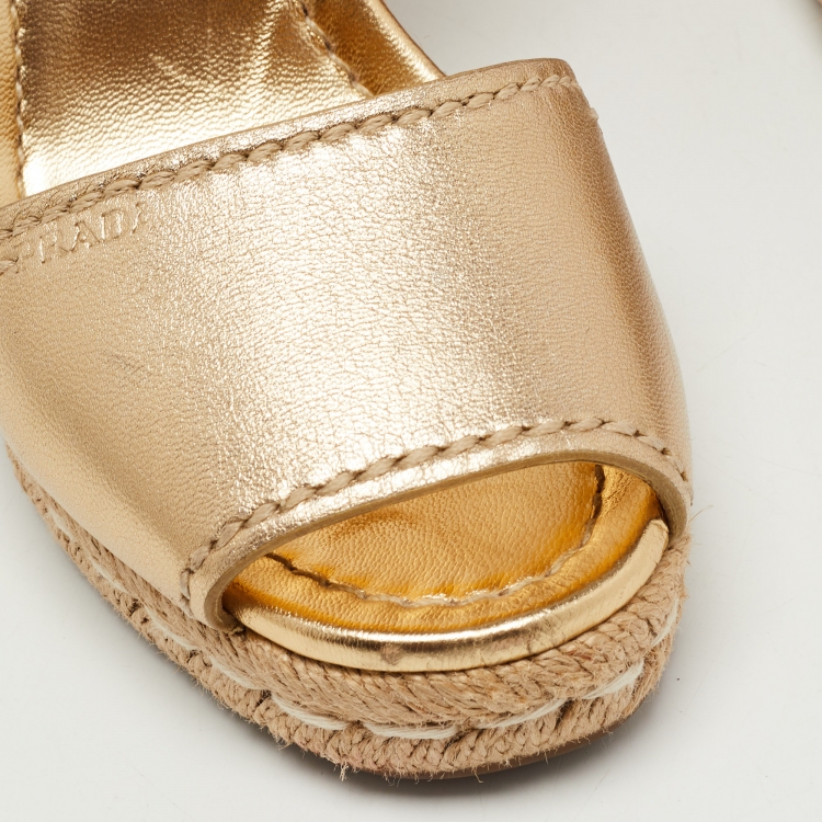 Pre Owned Prada Gold/Brown Leather Espadrille Wedge Sandals Size 36