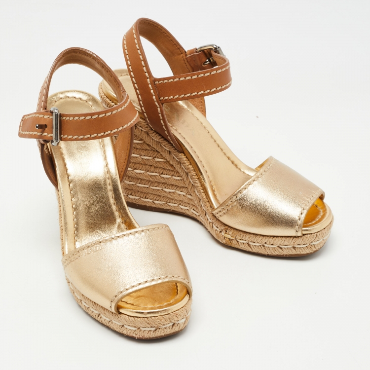 Pre Owned Prada Gold/Brown Leather Espadrille Wedge Sandals Size 36