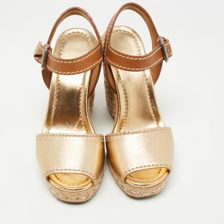Pre Owned Prada Gold/Brown Leather Espadrille Wedge Sandals Size 36