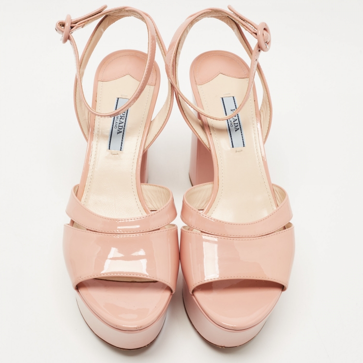 Pre Owned Prada  Blush Pink Patent Leather Ankle Strap Block Heel  Sandals Size 38.5