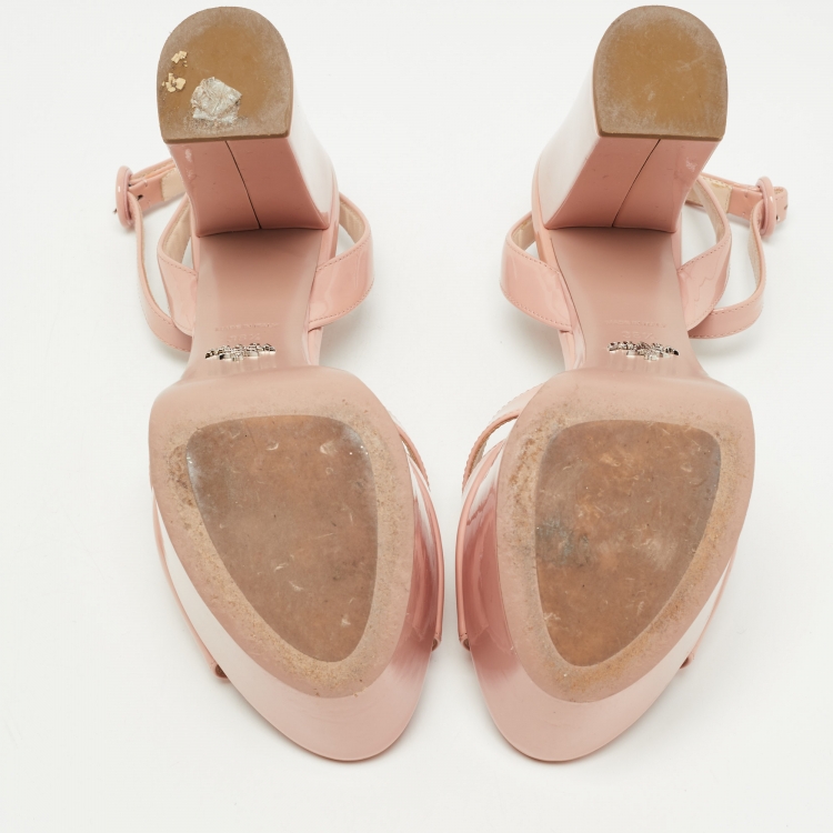 Pre Owned Prada  Blush Pink Patent Leather Ankle Strap Block Heel  Sandals Size 38.5