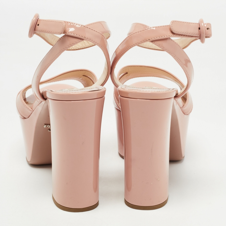 Pre Owned Prada  Blush Pink Patent Leather Ankle Strap Block Heel  Sandals Size 38.5