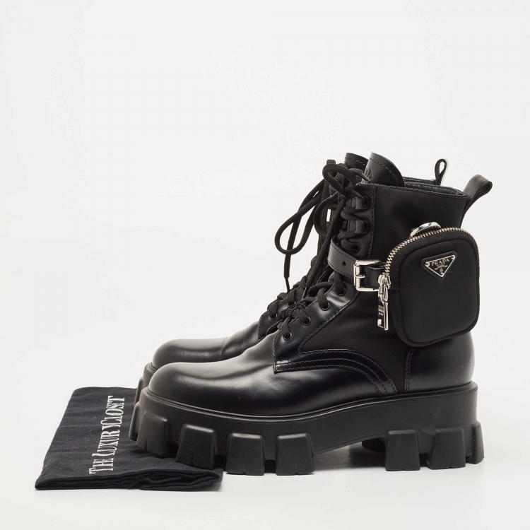 Pre Owned Prada Black Leather and Nylon Monolith Ankle Boots Size 39