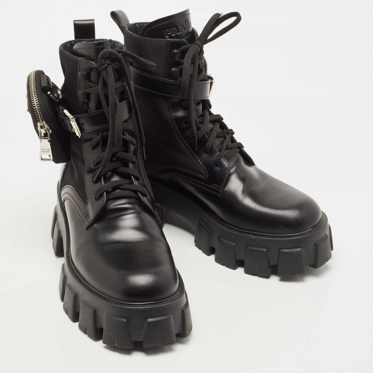 Pre Owned Prada Black Leather and Nylon Monolith Ankle Boots Size 39