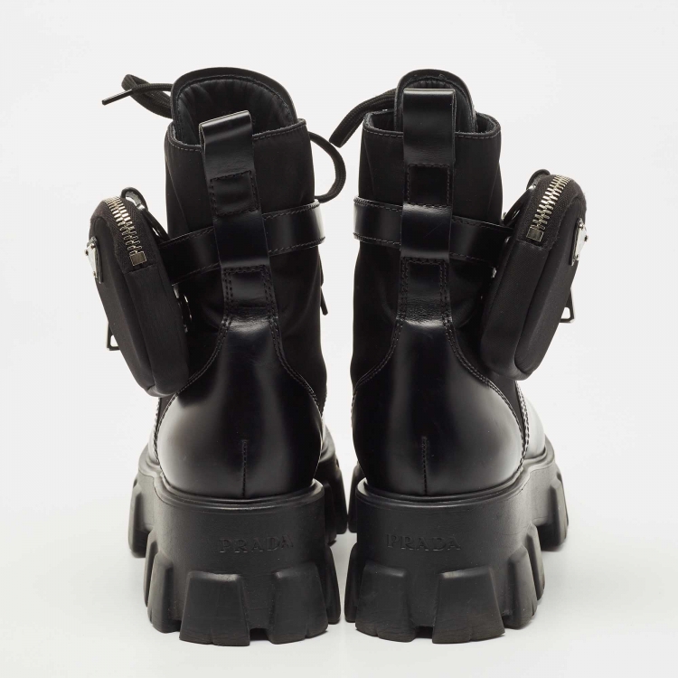 Pre Owned Prada Black Leather and Nylon Monolith Ankle Boots Size 39