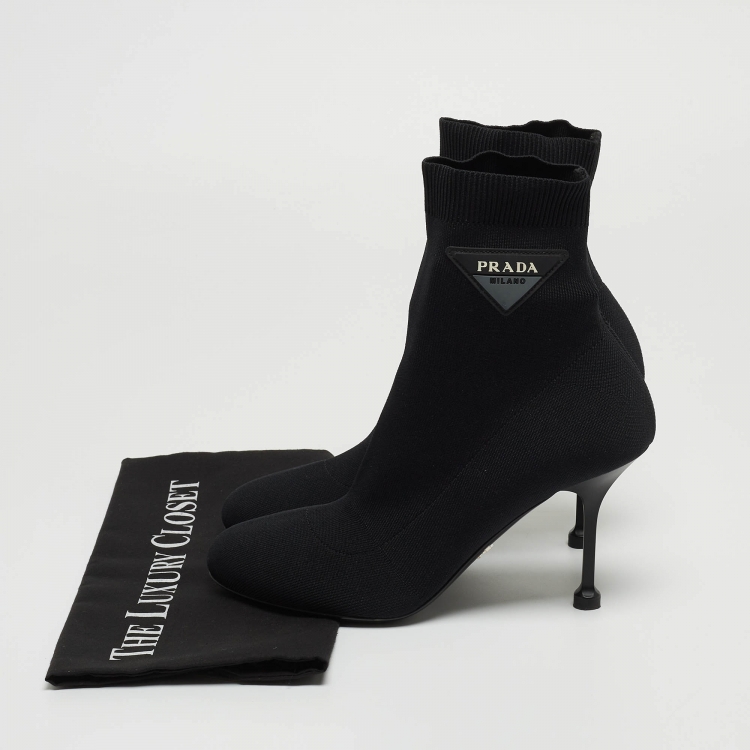 Pre Owned Prada Black Knit Fabric Sock Boots Size 38