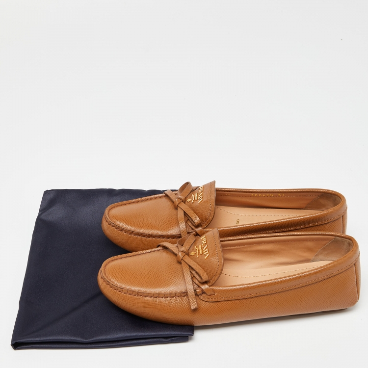 Pre Owned Prada Brown Saffiano Leather Bow Loafers Size 37